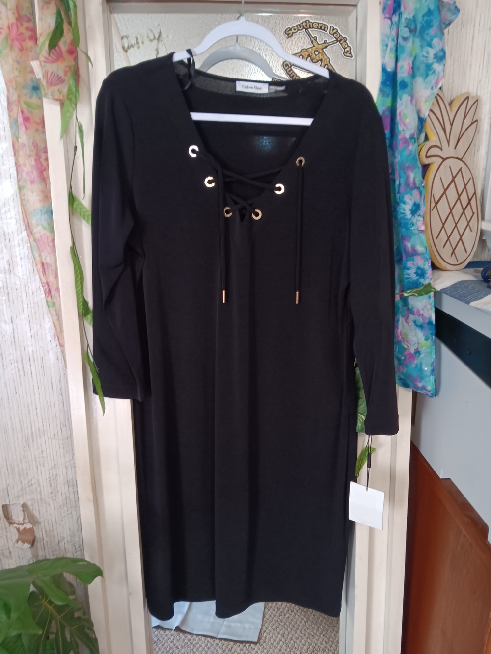 With Tags Calvin Klein Black Lace-Up Long Sleeve Dress